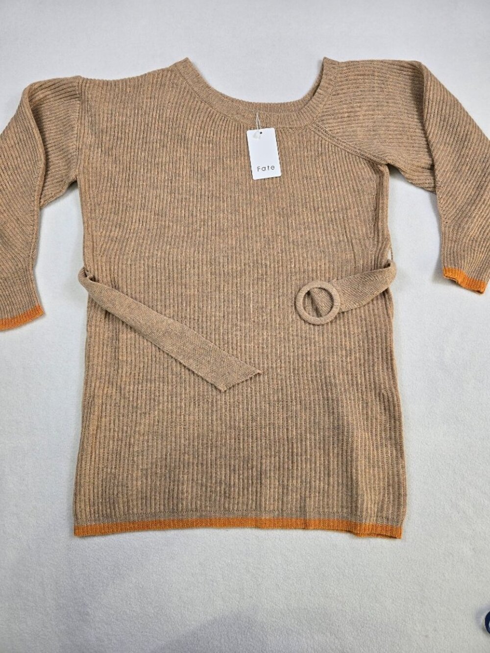 NWT Fate Womens Belted Knit Sweater Tunic Wool Blend Ribbed Tan & Orange